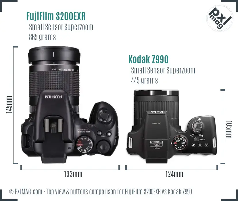 FujiFilm S200EXR vs Kodak Z990 top view buttons comparison