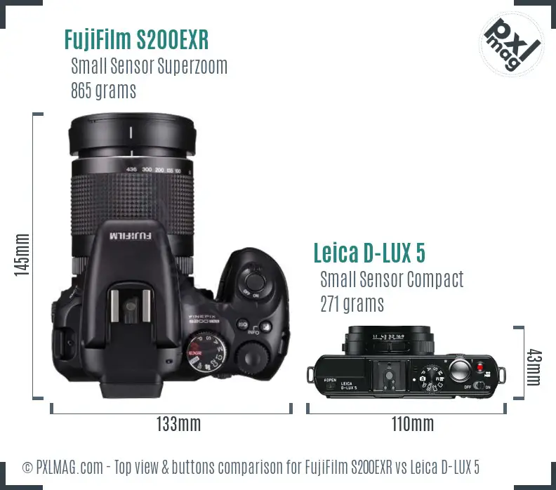 FujiFilm S200EXR vs Leica D-LUX 5 top view buttons comparison