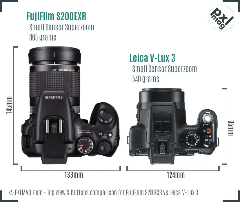 FujiFilm S200EXR vs Leica V-Lux 3 top view buttons comparison FujiFilm S200EXR vs Leica V-Lux 3 top view buttons comparison