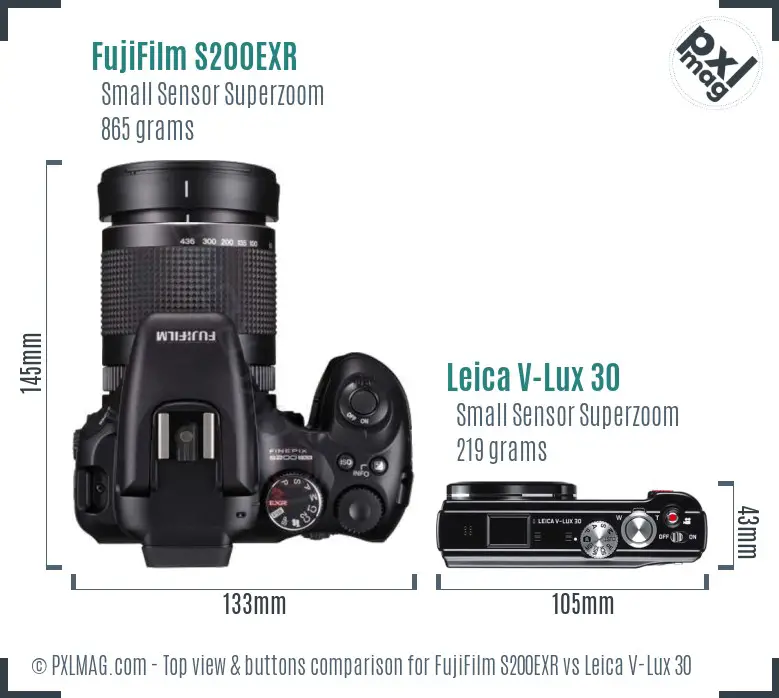 FujiFilm S200EXR vs Leica V-Lux 30 top view buttons comparison