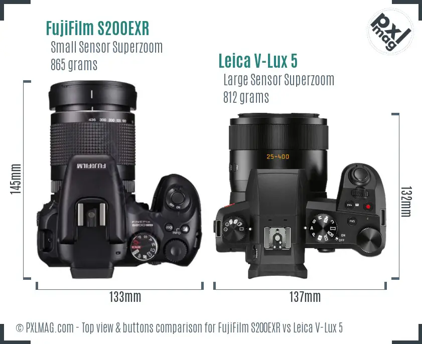 FujiFilm S200EXR vs Leica V-Lux 5 top view buttons comparison
