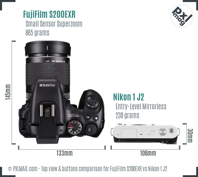 FujiFilm S200EXR vs Nikon 1 J2 top view buttons comparison