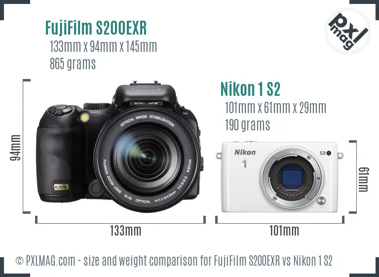 FujiFilm S200EXR vs Nikon 1 S2 size comparison