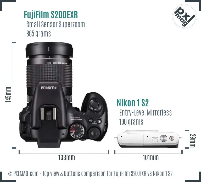 FujiFilm S200EXR vs Nikon 1 S2 top view buttons comparison