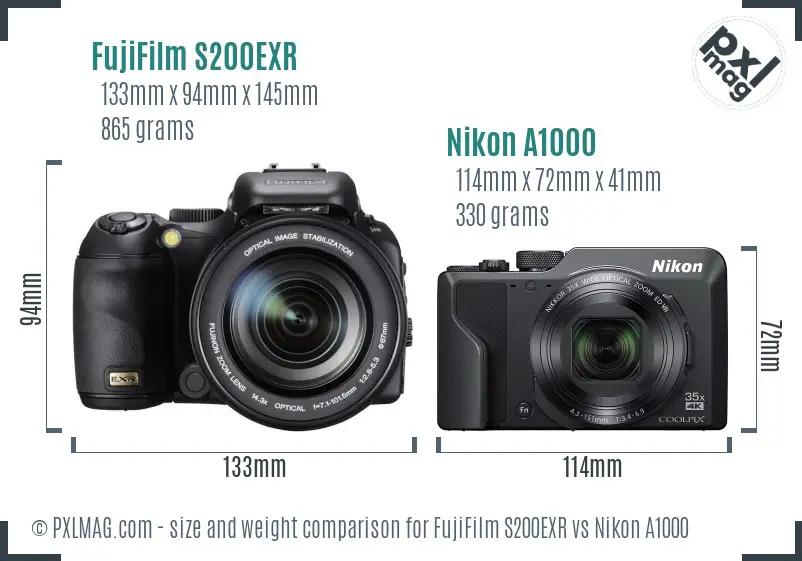 FujiFilm S200EXR vs Nikon A1000 size comparison