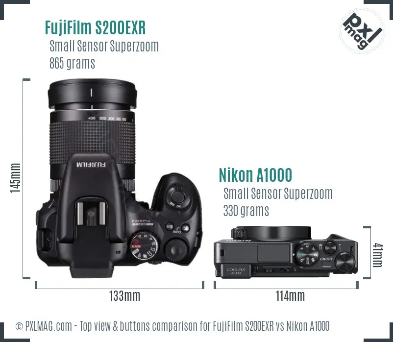 FujiFilm S200EXR vs Nikon A1000 top view buttons comparison