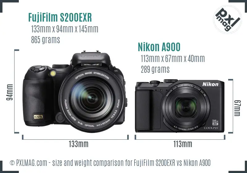 FujiFilm S200EXR vs Nikon A900 size comparison