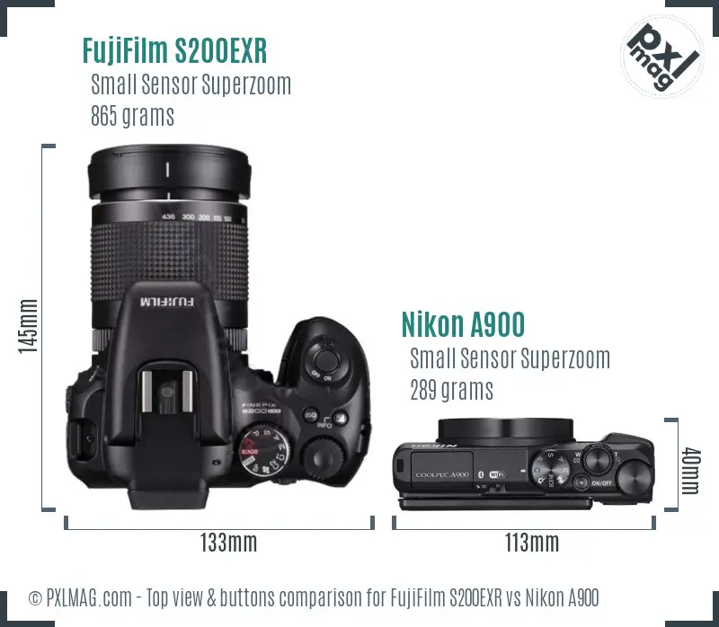 FujiFilm S200EXR vs Nikon A900 top view buttons comparison