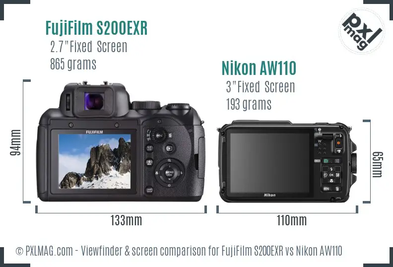 FujiFilm S200EXR vs Nikon AW110 Screen and Viewfinder comparison