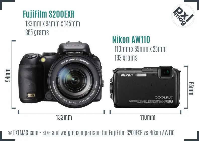 FujiFilm S200EXR vs Nikon AW110 size comparison