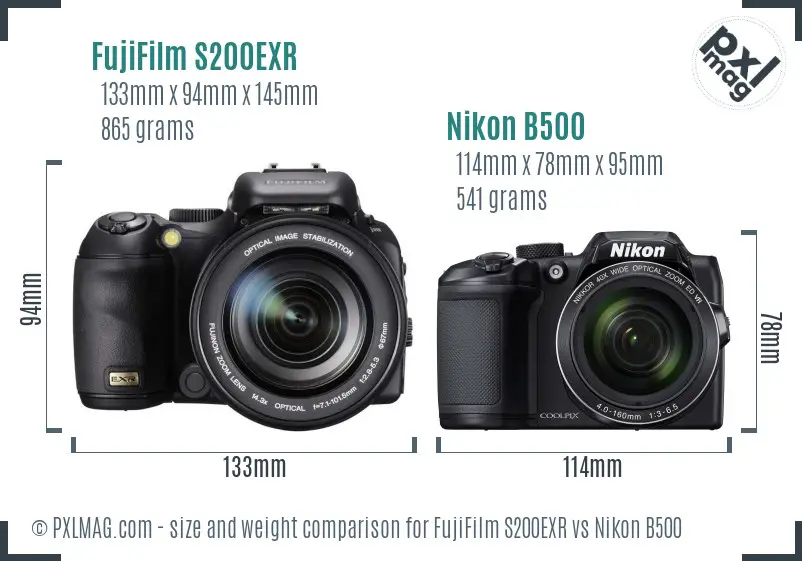 FujiFilm S200EXR vs Nikon B500 size comparison