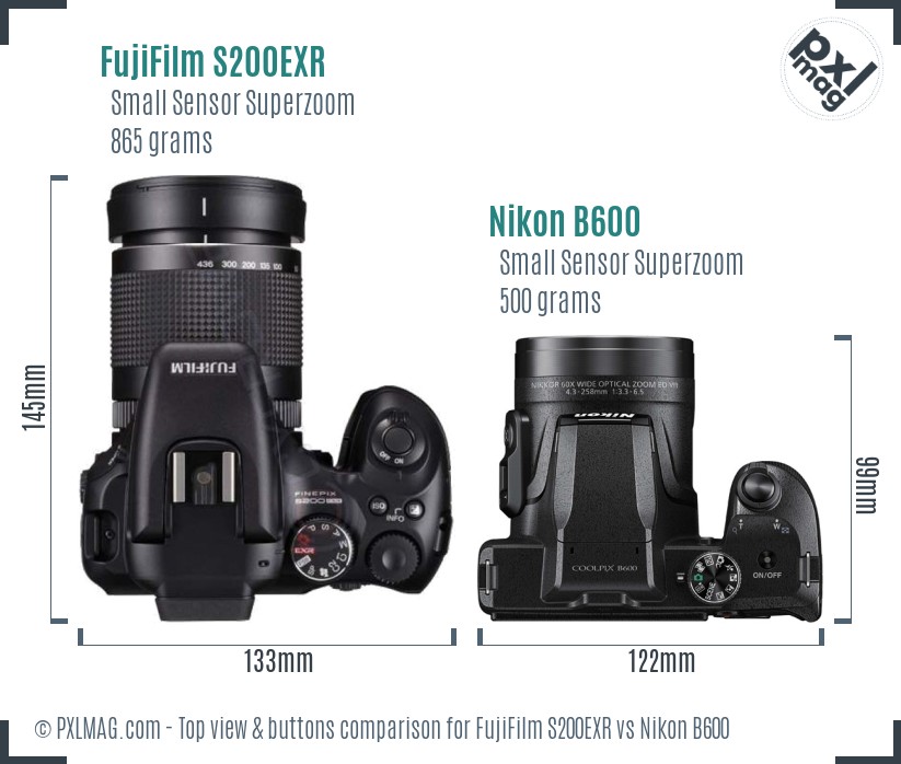 FujiFilm S200EXR vs Nikon B600 top view buttons comparison