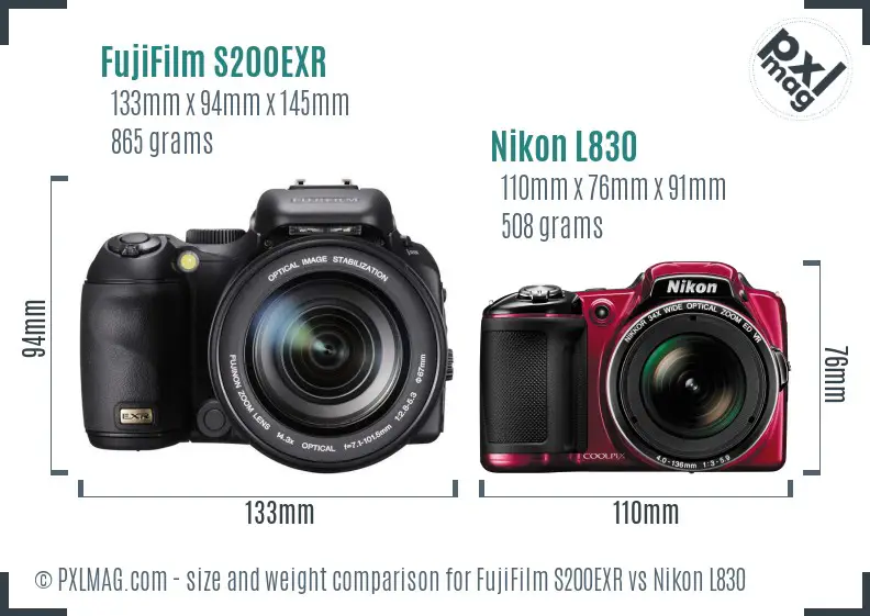 FujiFilm S200EXR vs Nikon L830 size comparison