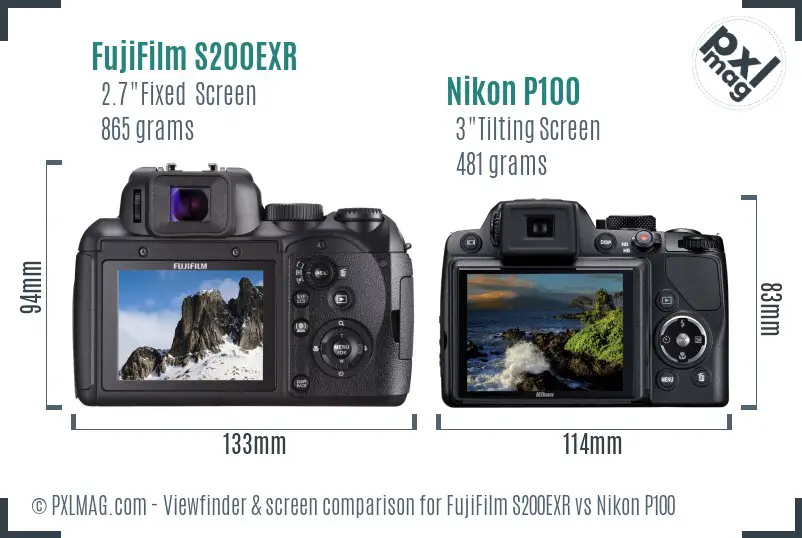 FujiFilm S200EXR vs Nikon P100 Screen and Viewfinder comparison