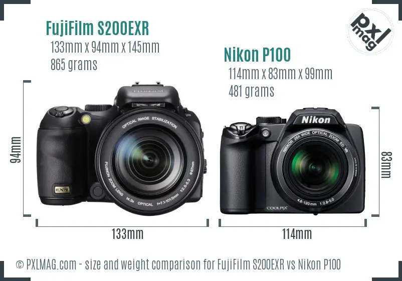 FujiFilm S200EXR vs Nikon P100 size comparison