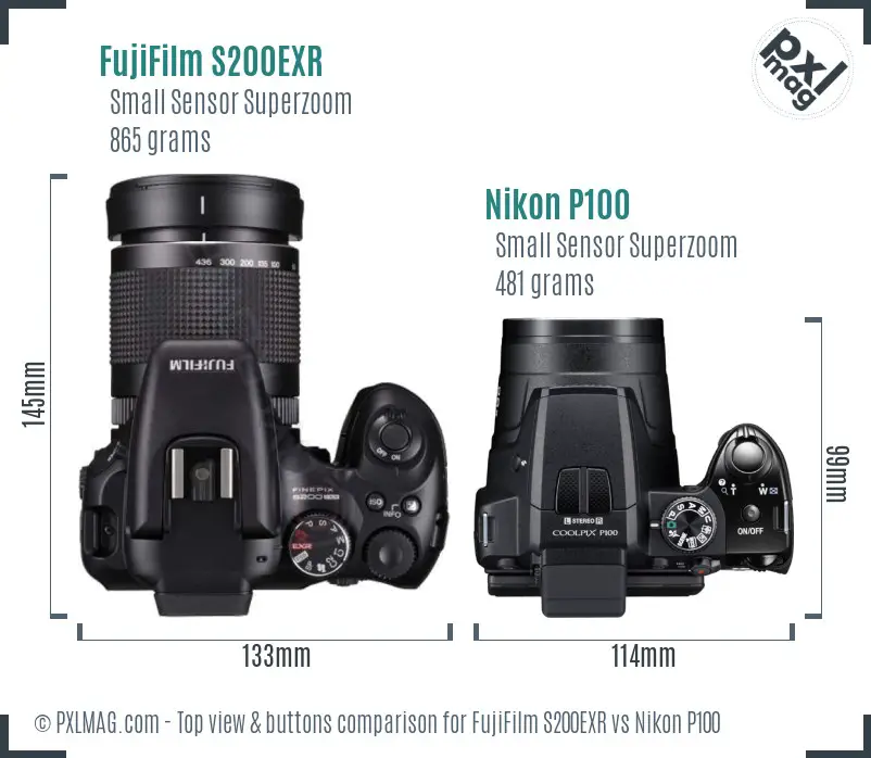 FujiFilm S200EXR vs Nikon P100 top view buttons comparison
