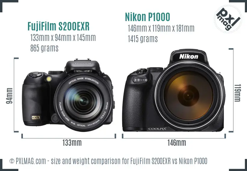 FujiFilm S200EXR vs Nikon P1000 size comparison