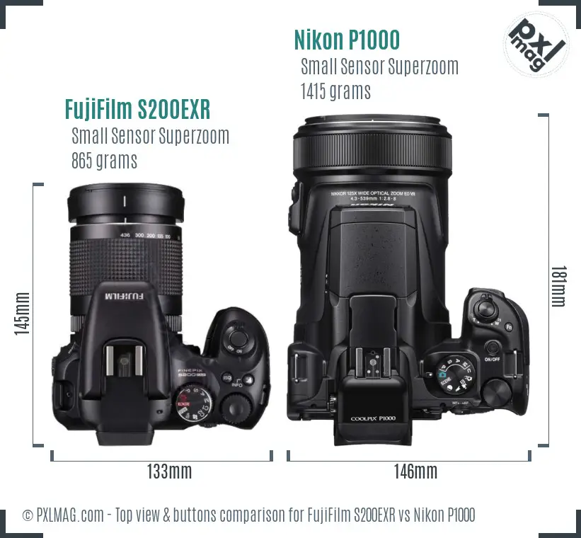 FujiFilm S200EXR vs Nikon P1000 top view buttons comparison