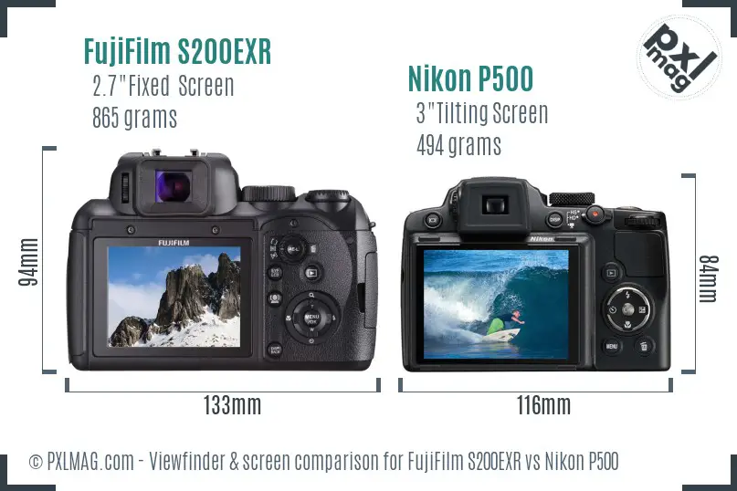 FujiFilm S200EXR vs Nikon P500 Screen and Viewfinder comparison