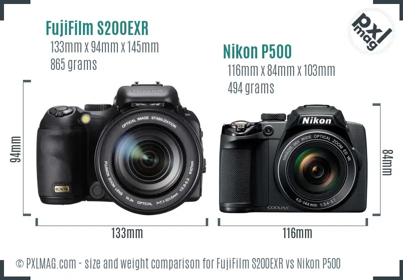 FujiFilm S200EXR vs Nikon P500 size comparison