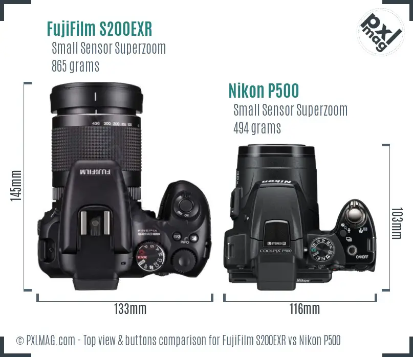 FujiFilm S200EXR vs Nikon P500 top view buttons comparison