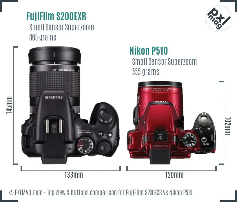 FujiFilm S200EXR vs Nikon P510 top view buttons comparison