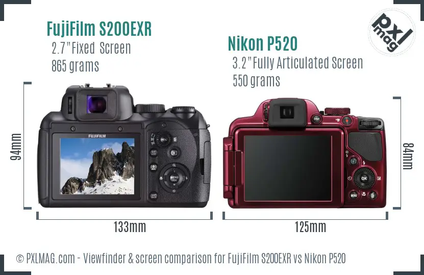 FujiFilm S200EXR vs Nikon P520 Screen and Viewfinder comparison