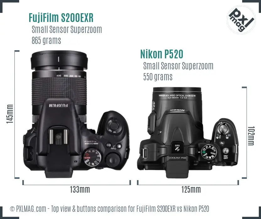 FujiFilm S200EXR vs Nikon P520 top view buttons comparison