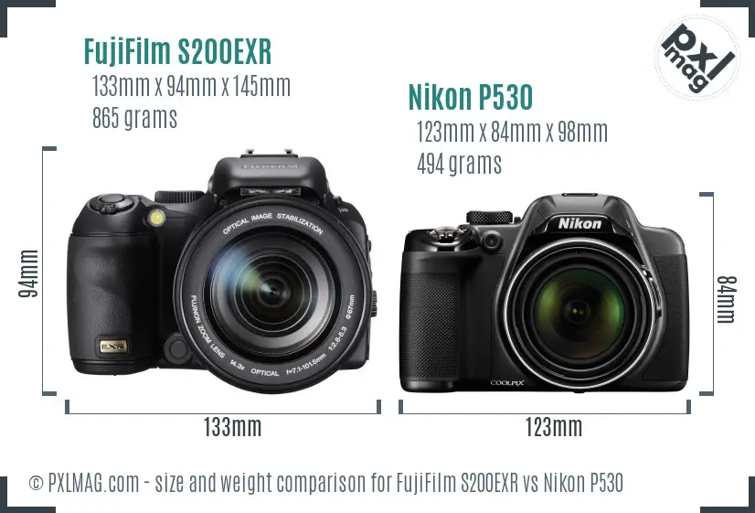 FujiFilm S200EXR vs Nikon P530 size comparison