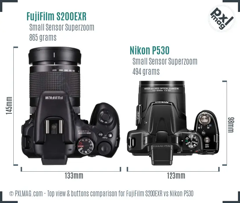 FujiFilm S200EXR vs Nikon P530 top view buttons comparison