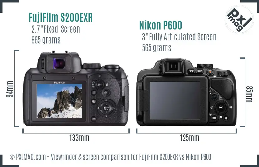 FujiFilm S200EXR vs Nikon P600 Screen and Viewfinder comparison
