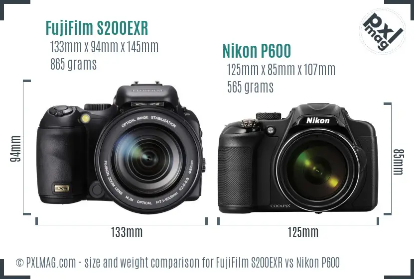 FujiFilm S200EXR vs Nikon P600 size comparison