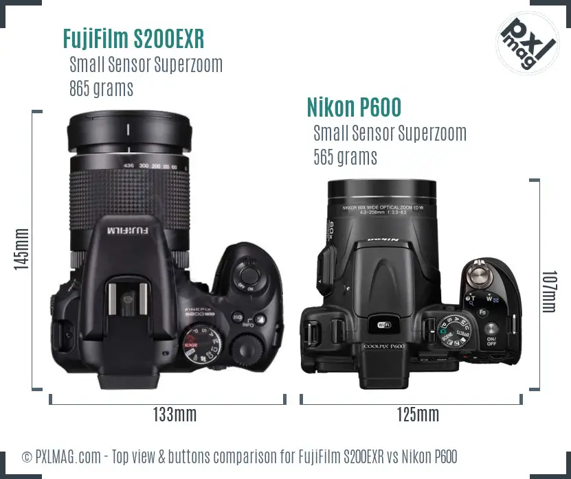 FujiFilm S200EXR vs Nikon P600 top view buttons comparison