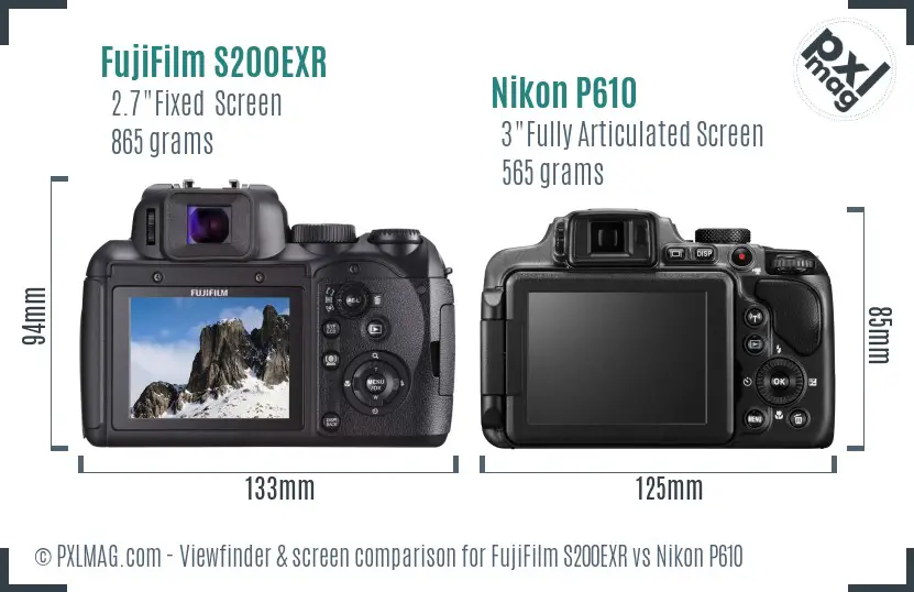 FujiFilm S200EXR vs Nikon P610 Screen and Viewfinder comparison