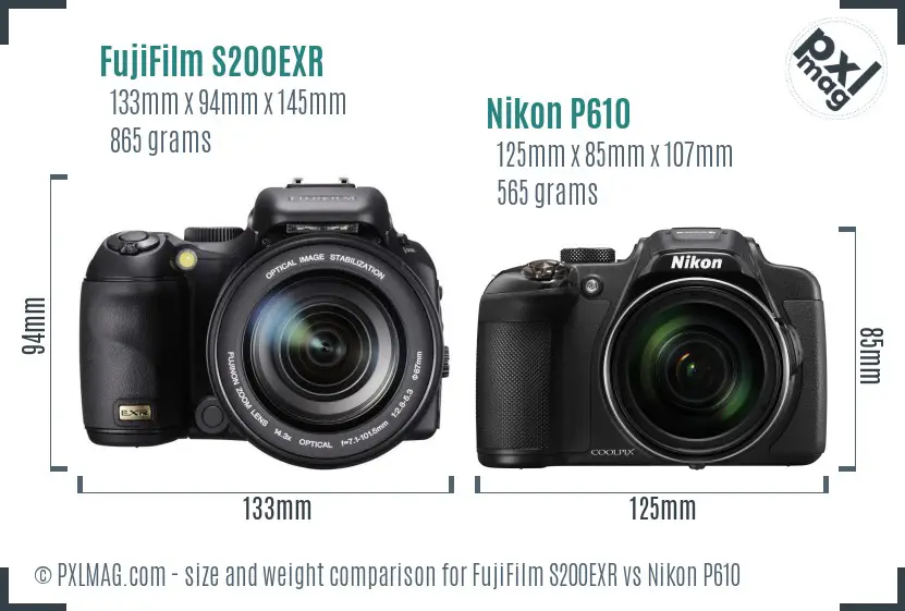 FujiFilm S200EXR vs Nikon P610 size comparison