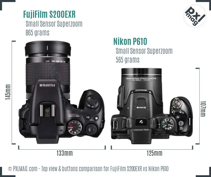 FujiFilm S200EXR vs Nikon P610 top view buttons comparison
