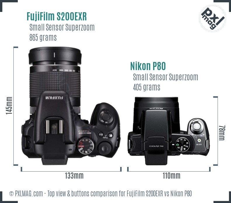 FujiFilm S200EXR vs Nikon P80 top view buttons comparison