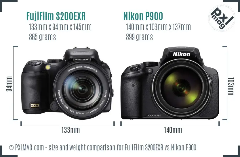FujiFilm S200EXR vs Nikon P900 size comparison