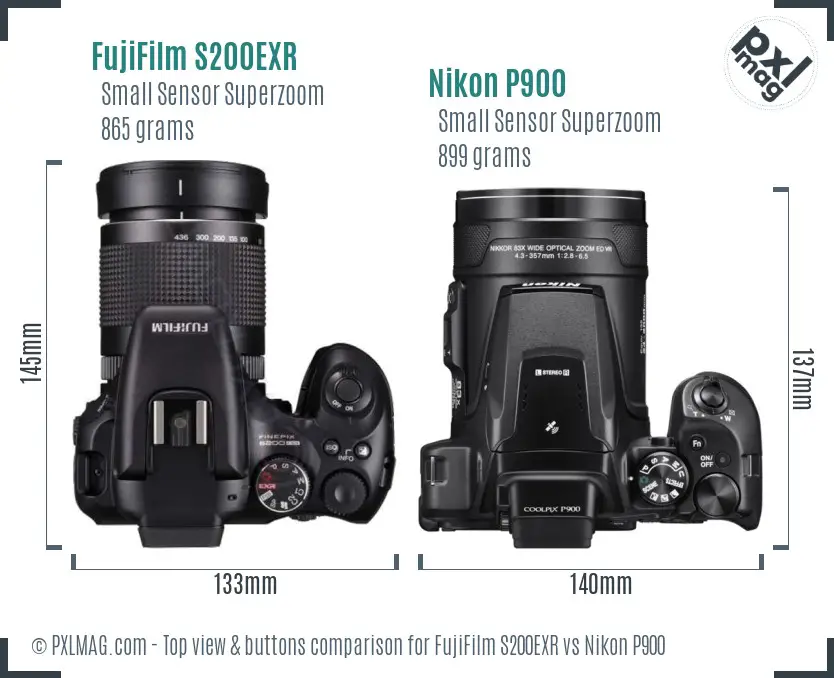 FujiFilm S200EXR vs Nikon P900 top view buttons comparison