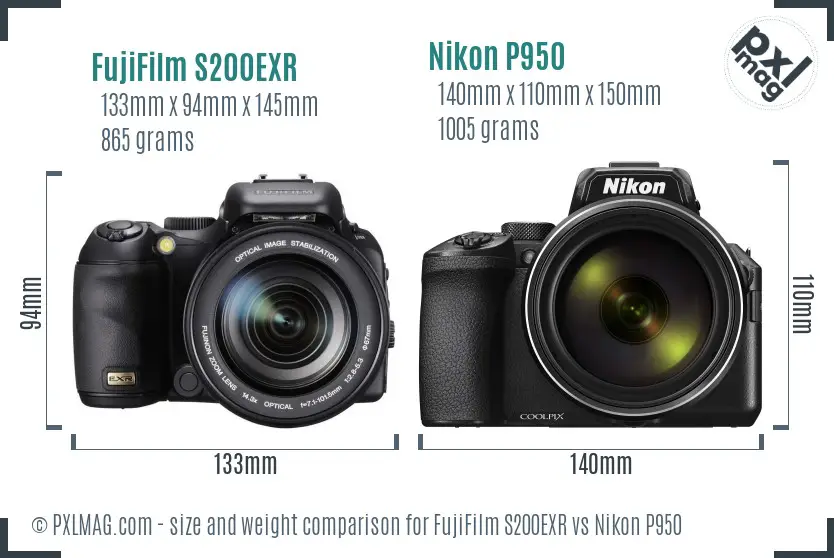 FujiFilm S200EXR vs Nikon P950 size comparison