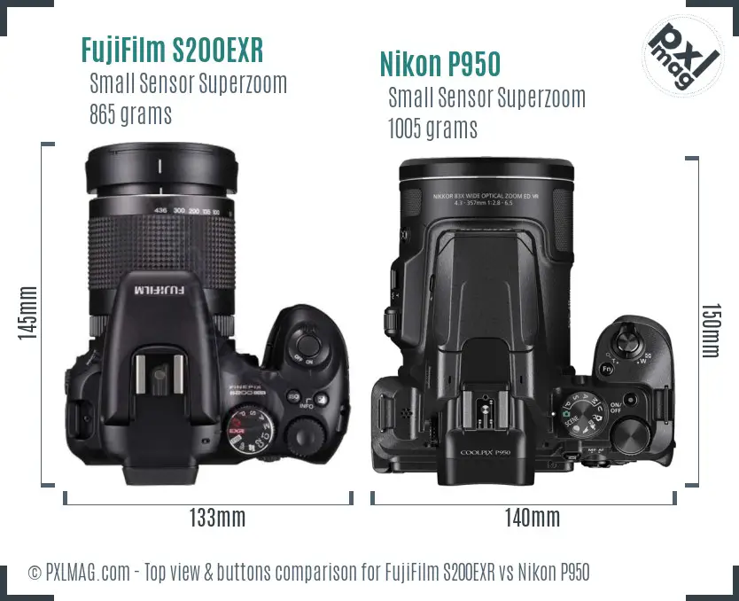FujiFilm S200EXR vs Nikon P950 top view buttons comparison