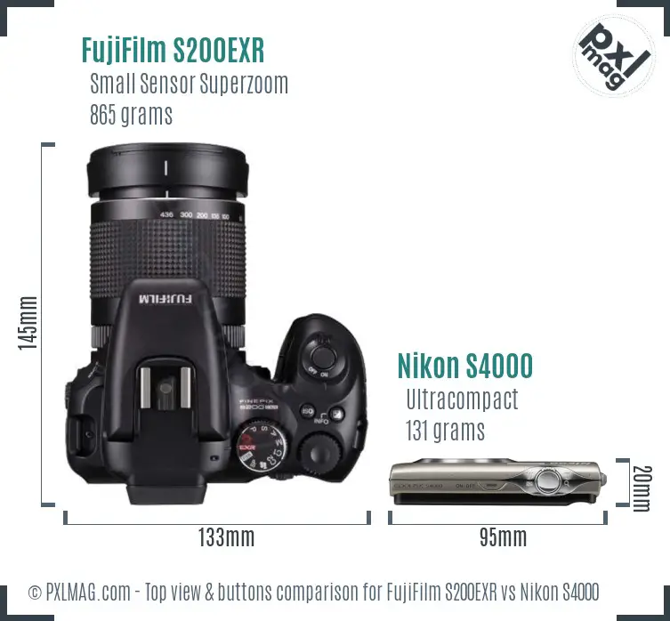 FujiFilm S200EXR vs Nikon S4000 top view buttons comparison