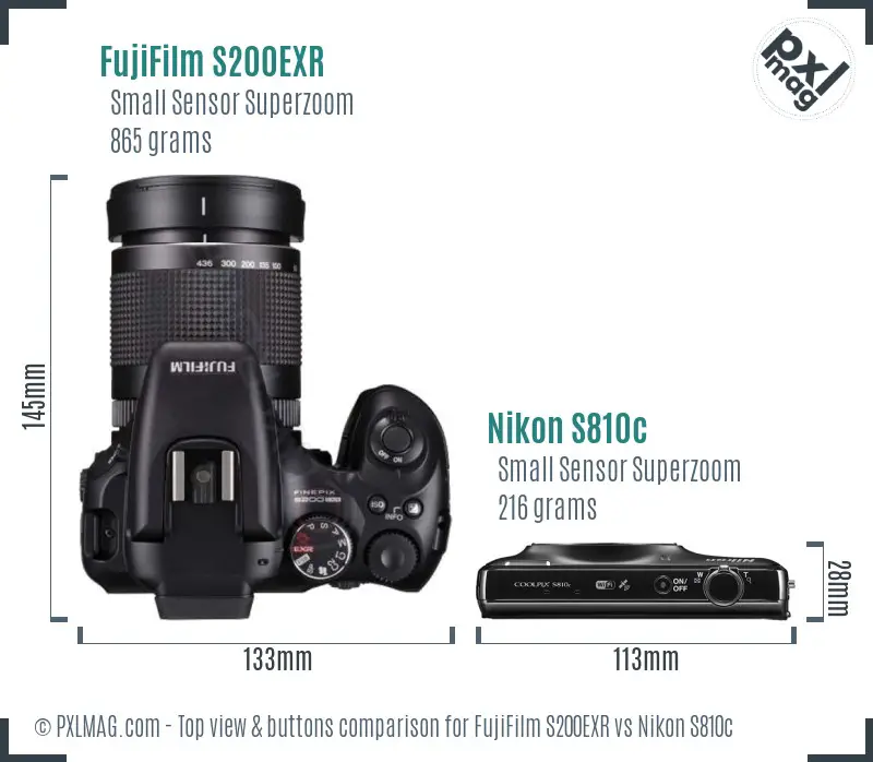 FujiFilm S200EXR vs Nikon S810c top view buttons comparison