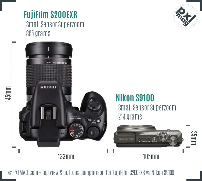 FujiFilm S200EXR vs Nikon S9100 top view buttons comparison FujiFilm S200EXR vs Nikon S9100 top view buttons comparison