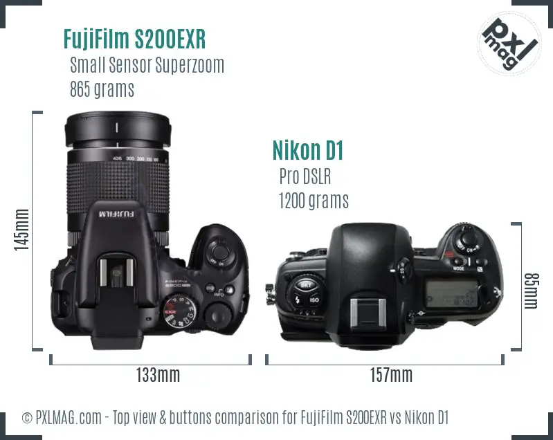 FujiFilm S200EXR vs Nikon D1 top view buttons comparison