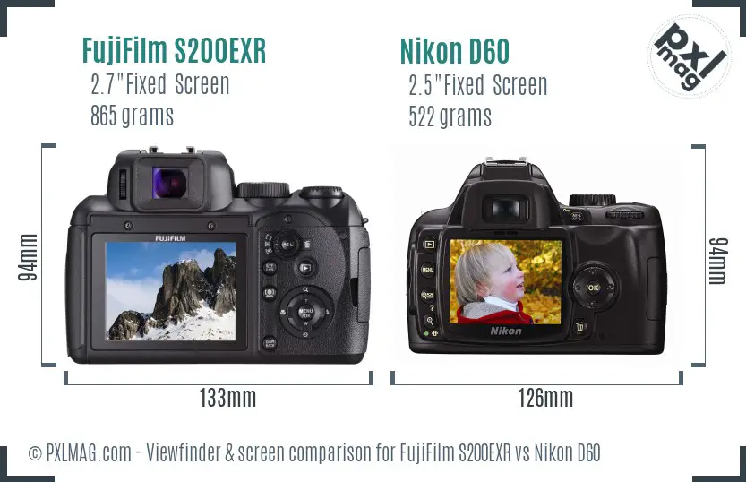 FujiFilm S200EXR vs Nikon D60 Screen and Viewfinder comparison