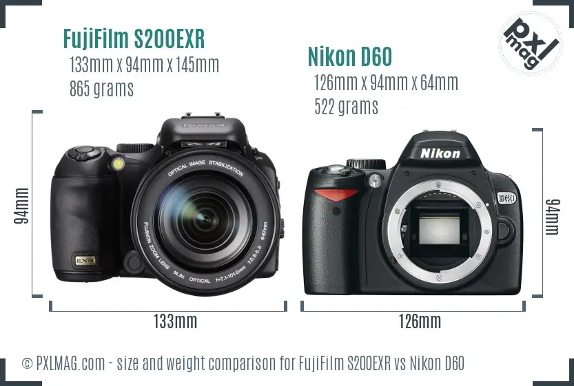 FujiFilm S200EXR vs Nikon D60 size comparison