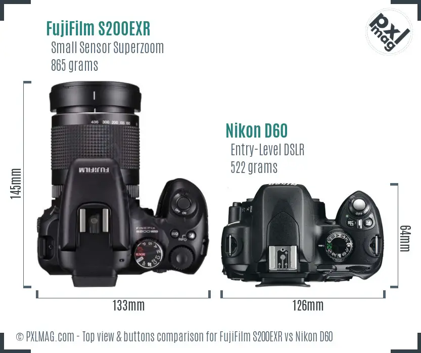 FujiFilm S200EXR vs Nikon D60 top view buttons comparison