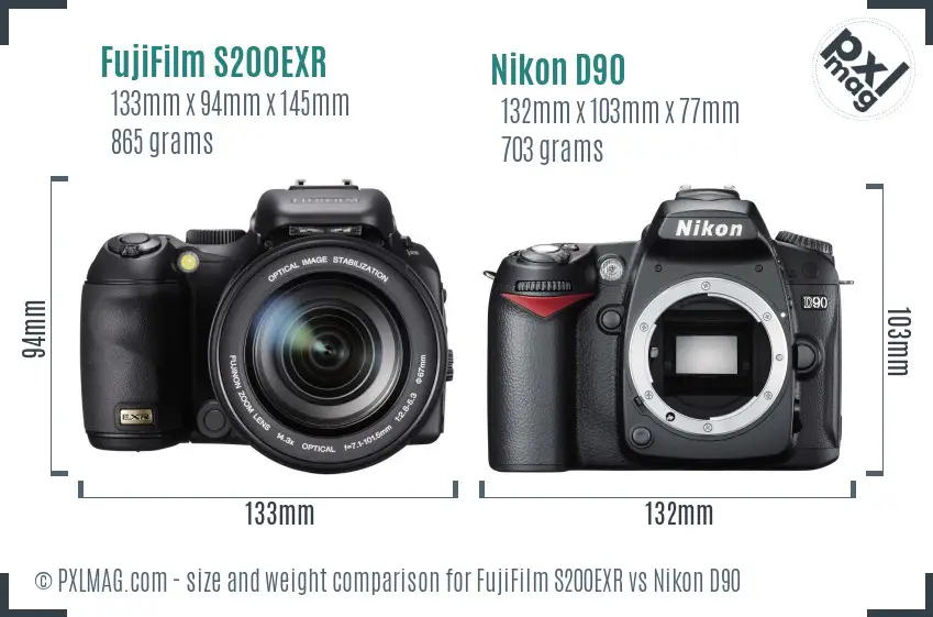 FujiFilm S200EXR vs Nikon D90 size comparison