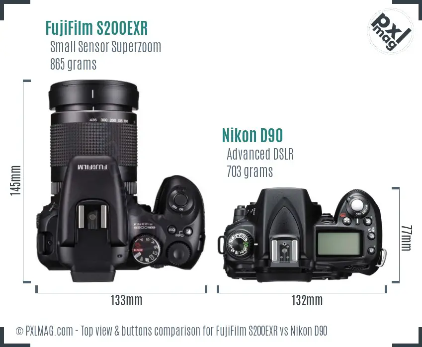 FujiFilm S200EXR vs Nikon D90 top view buttons comparison